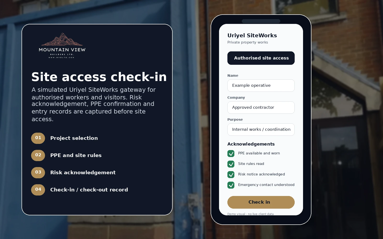Simulated SiteWorks check-in gateway visual for controlled access and risk acknowledgement